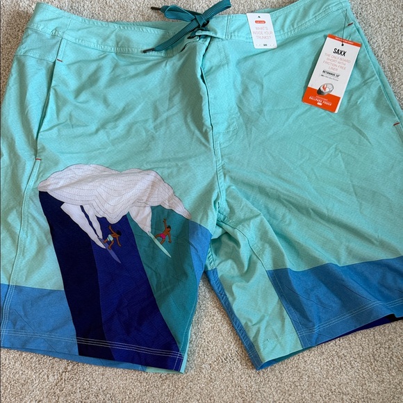 Saxx Men's Swim Board Shorts - Light Blue with Mountain Design - Picture 1 of 4